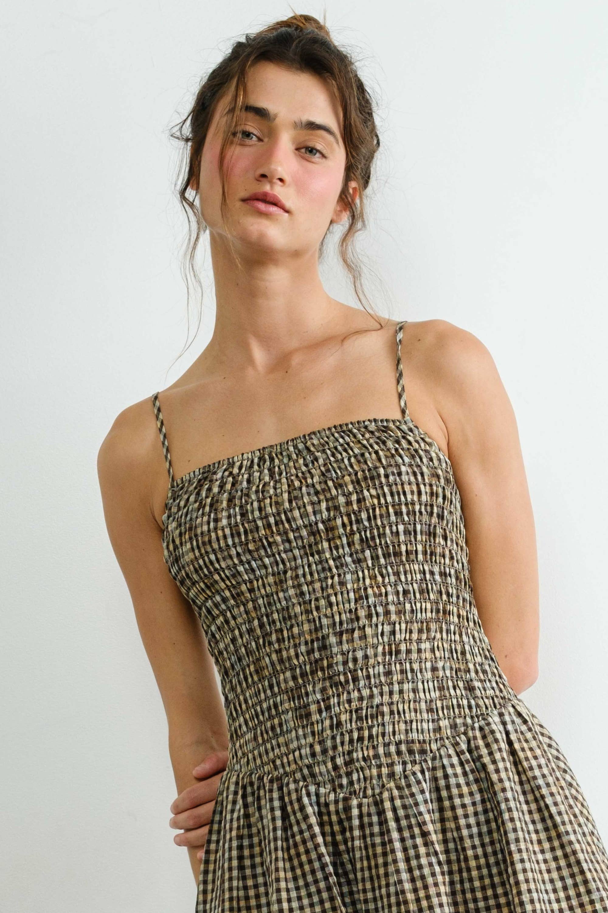Gingham Smocked Multicolor Flare Midi Dress