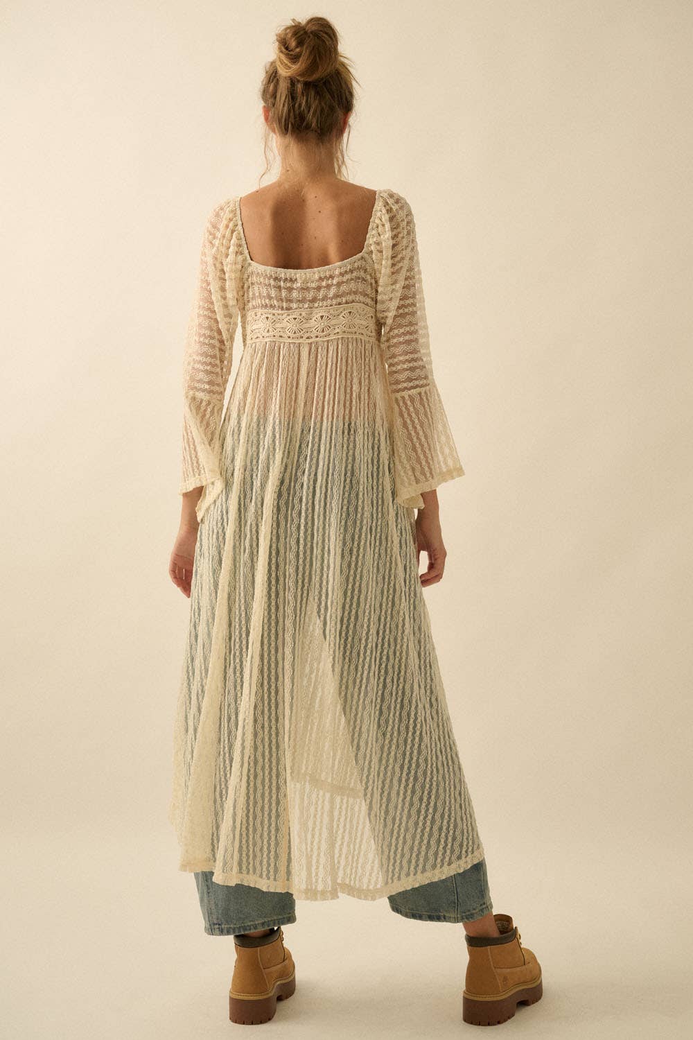 Sheer Striped Lace Button- Up Layering Midi Dress