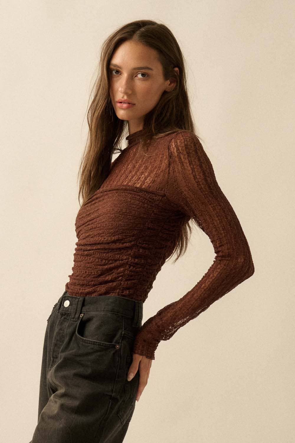 Striped Floral Lace Ruched Mock-Neck Bodysuit