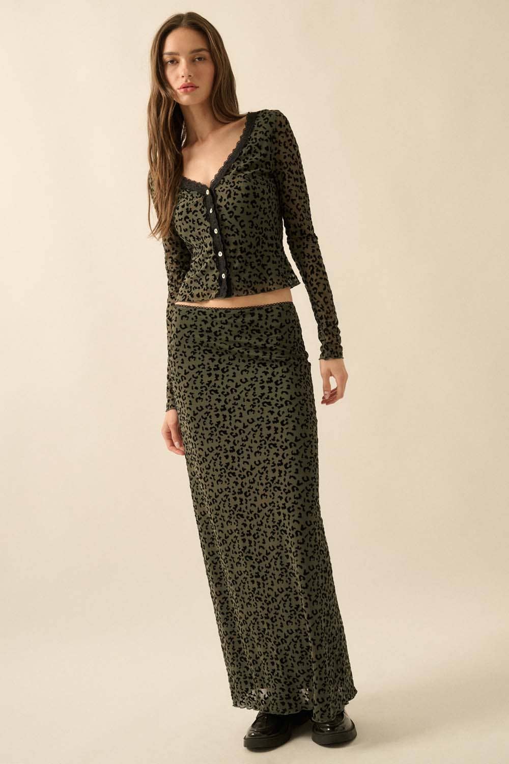 Flocked Leopard Mesh Straight Maxi Skirt