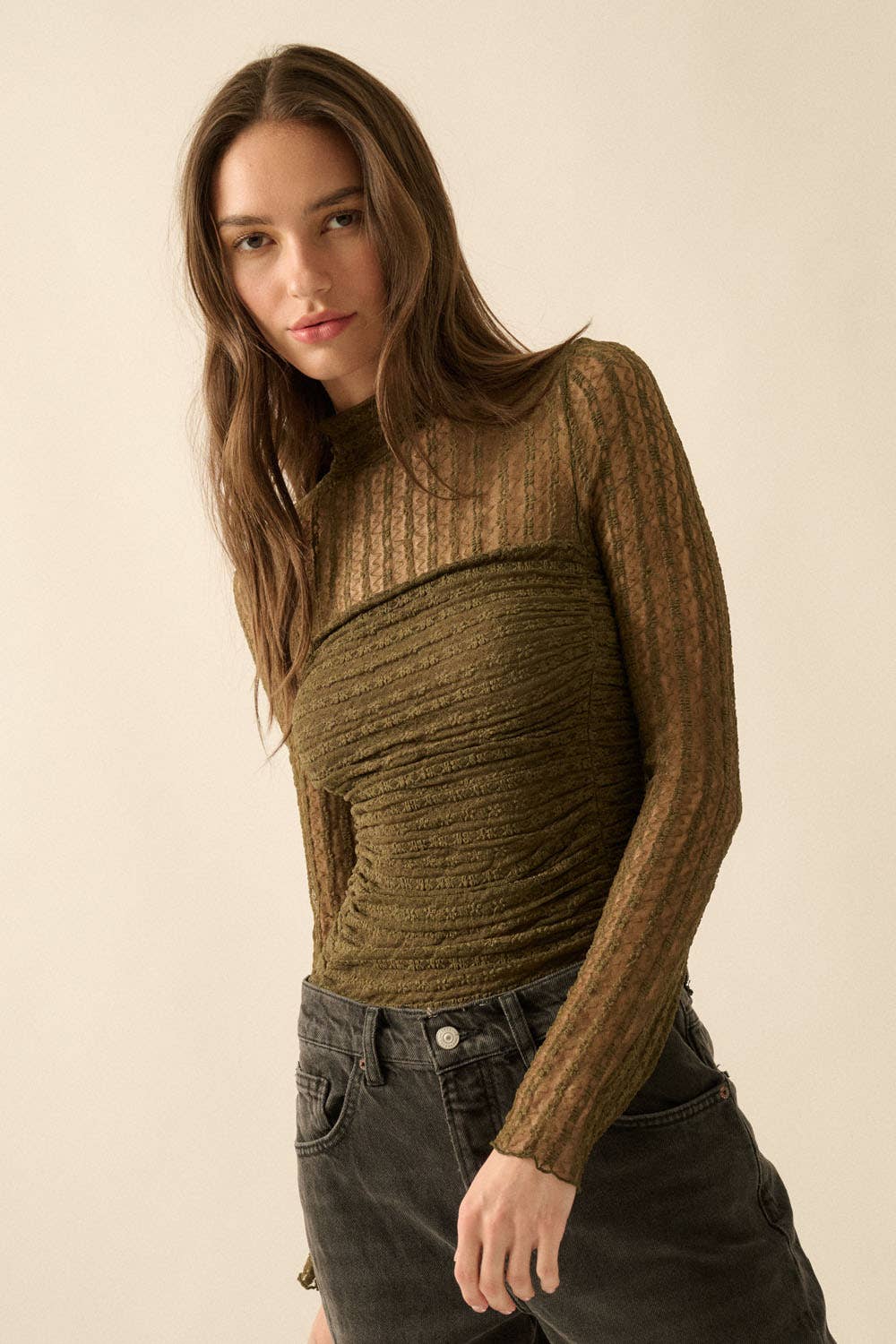 Striped Floral Lace Ruched Mock-Neck Bodysuit