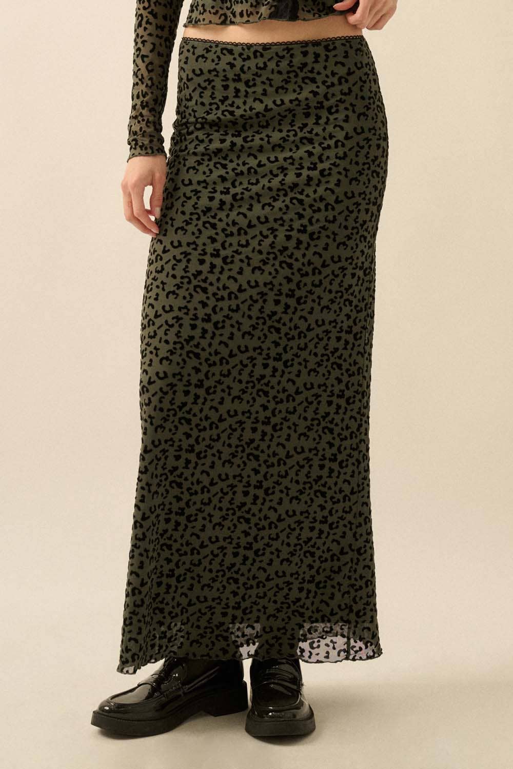 Flocked Leopard Mesh Straight Maxi Skirt
