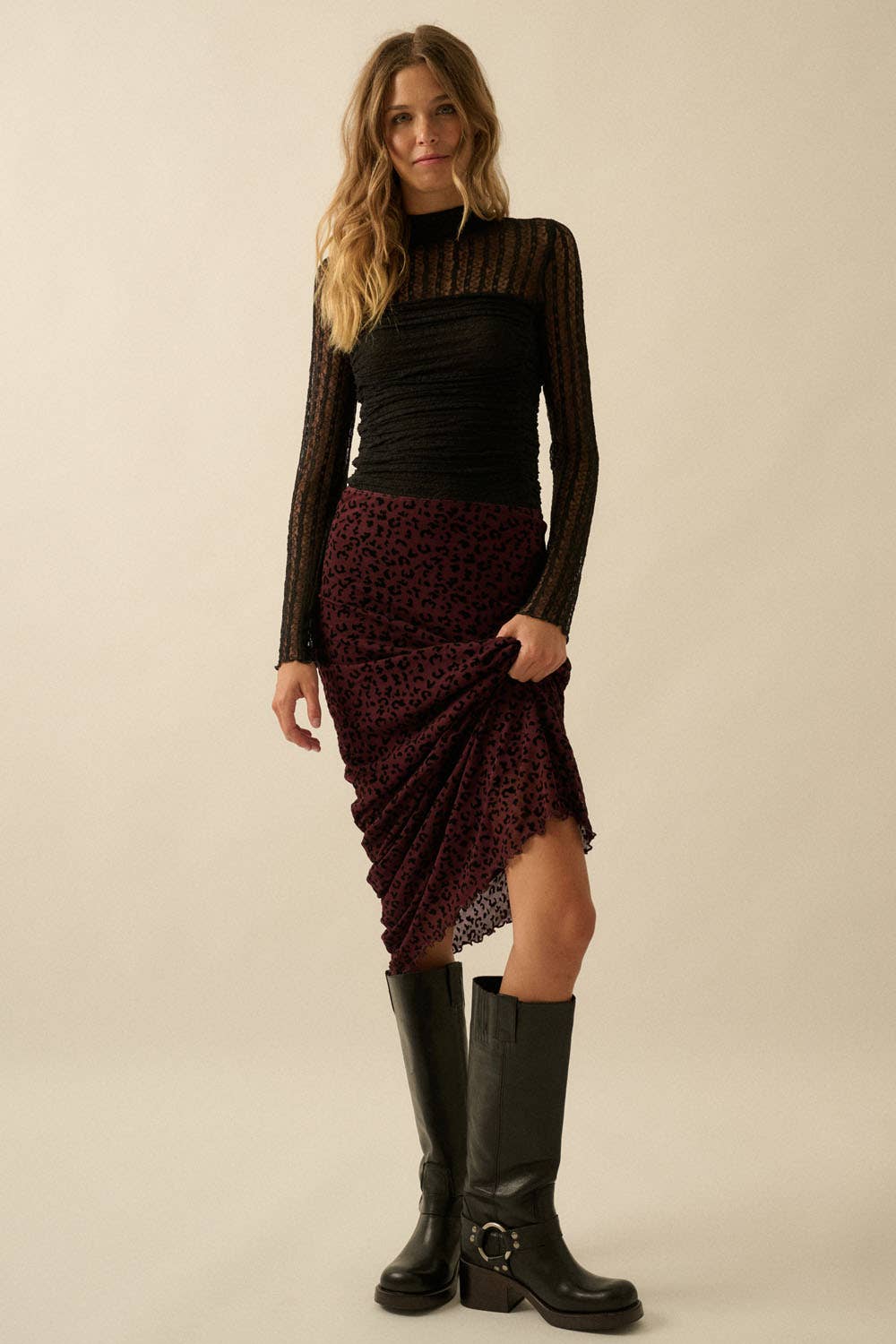 Flocked Leopard Mesh Straight Maxi Skirt