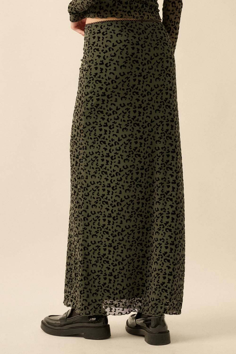 Flocked Leopard Mesh Straight Maxi Skirt