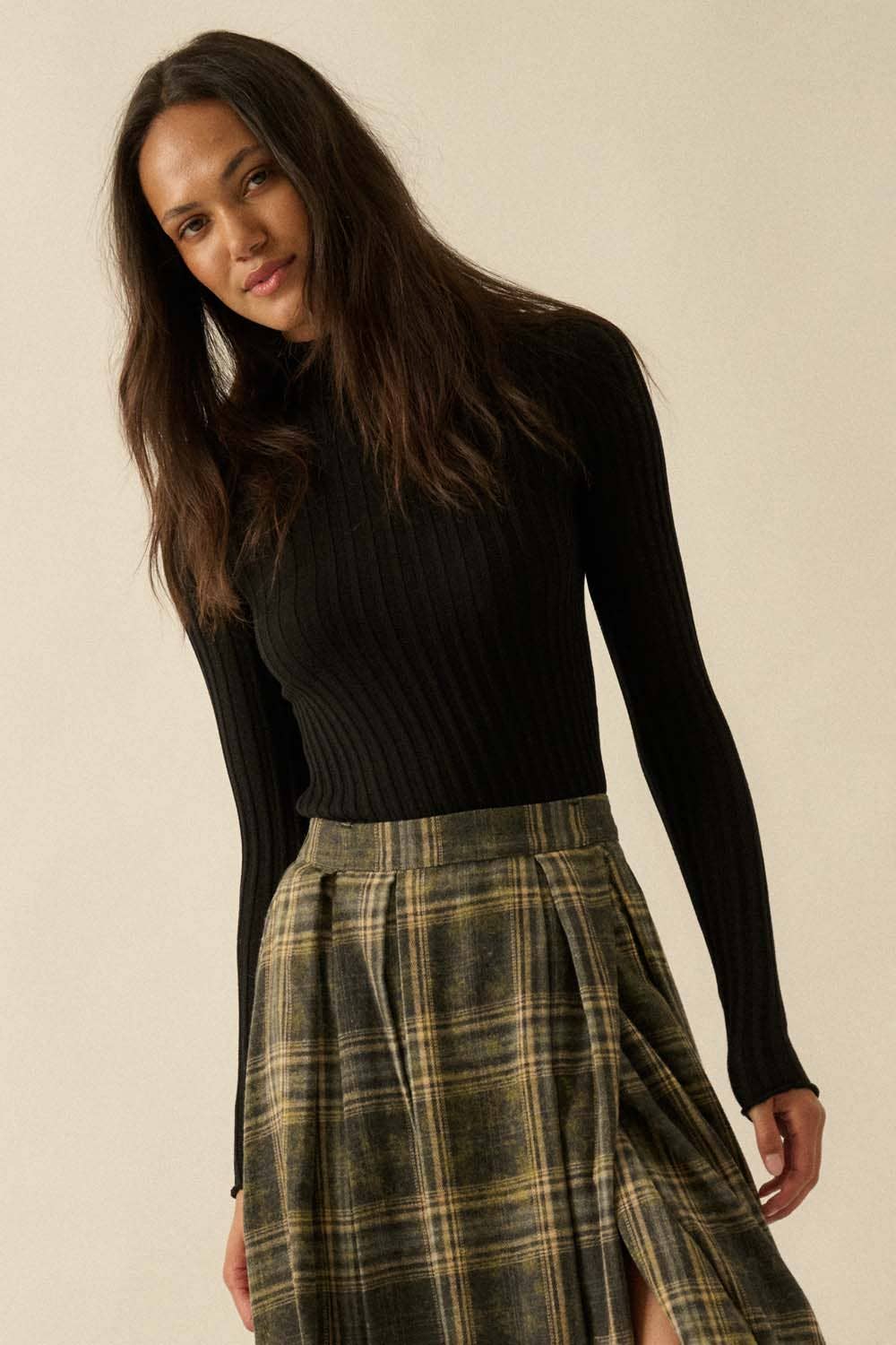 Sheer Rib-Knit Mock-Neck Top