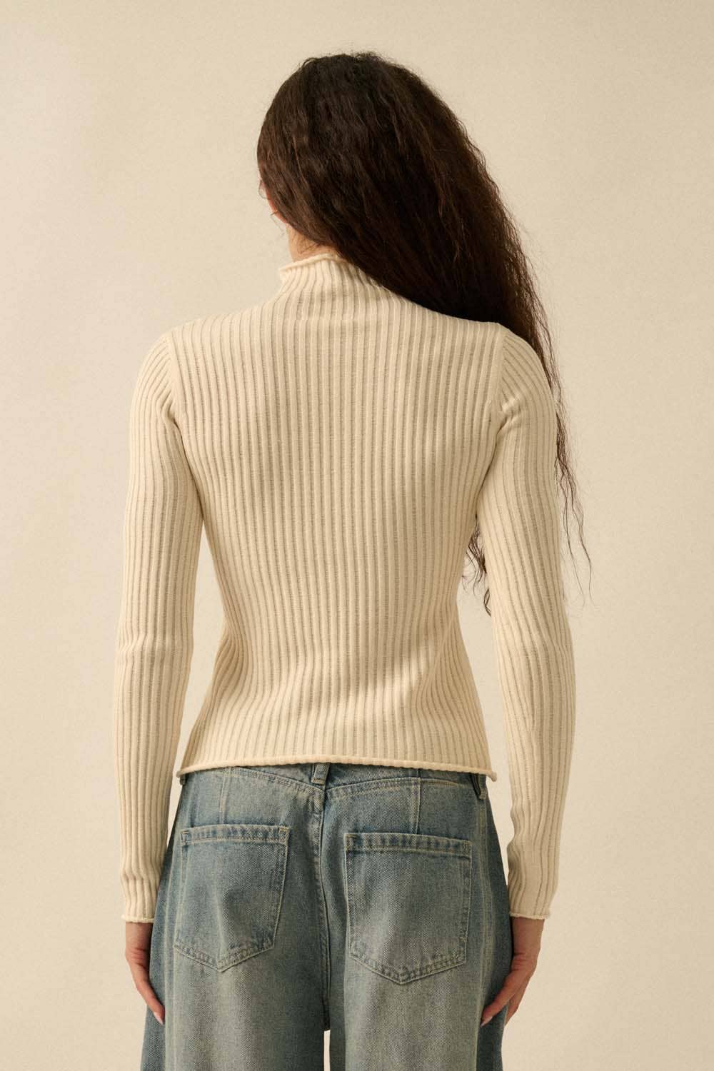 Sheer Rib-Knit Mock-Neck Top