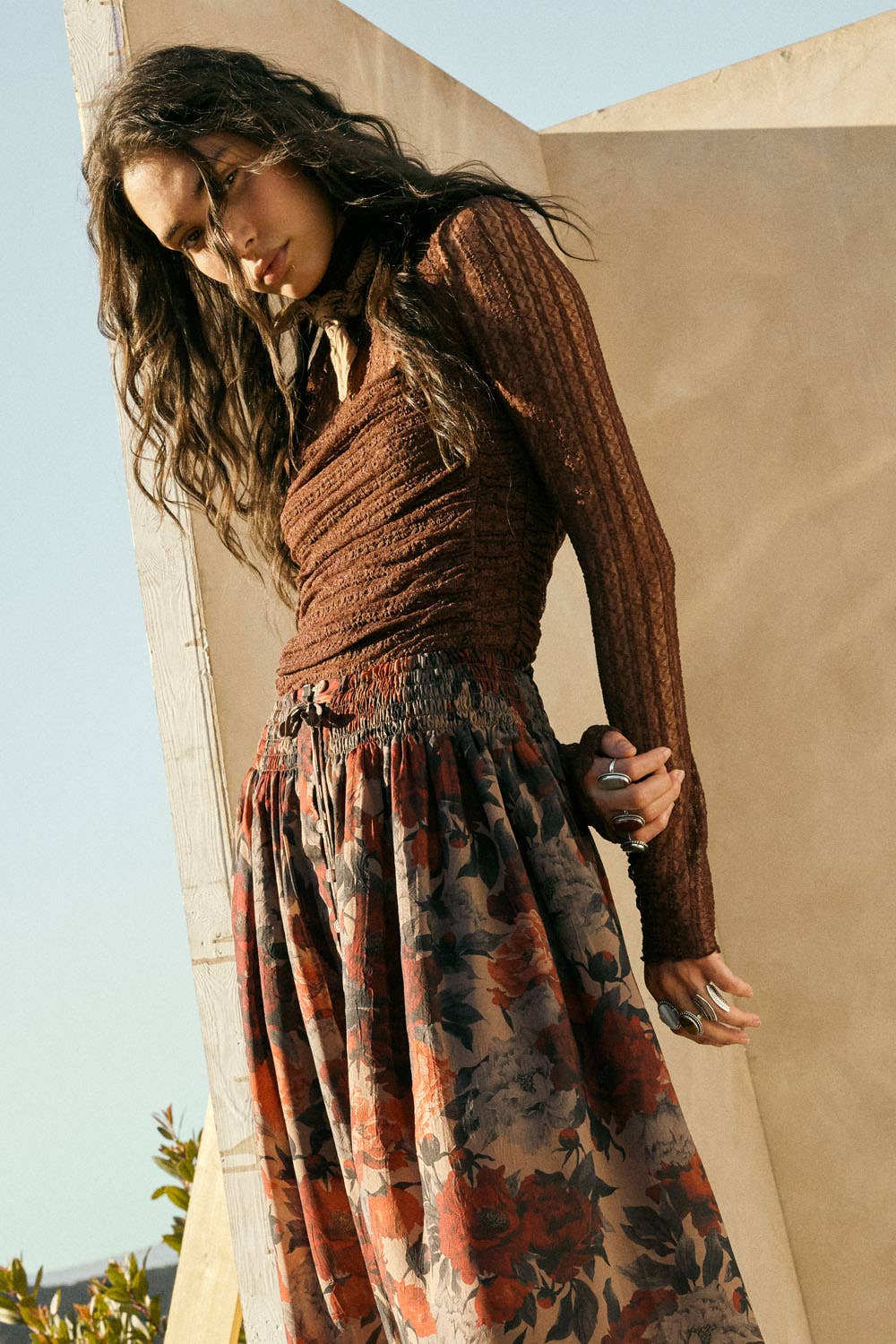 Striped Floral Lace Ruched Mock-Neck Bodysuit