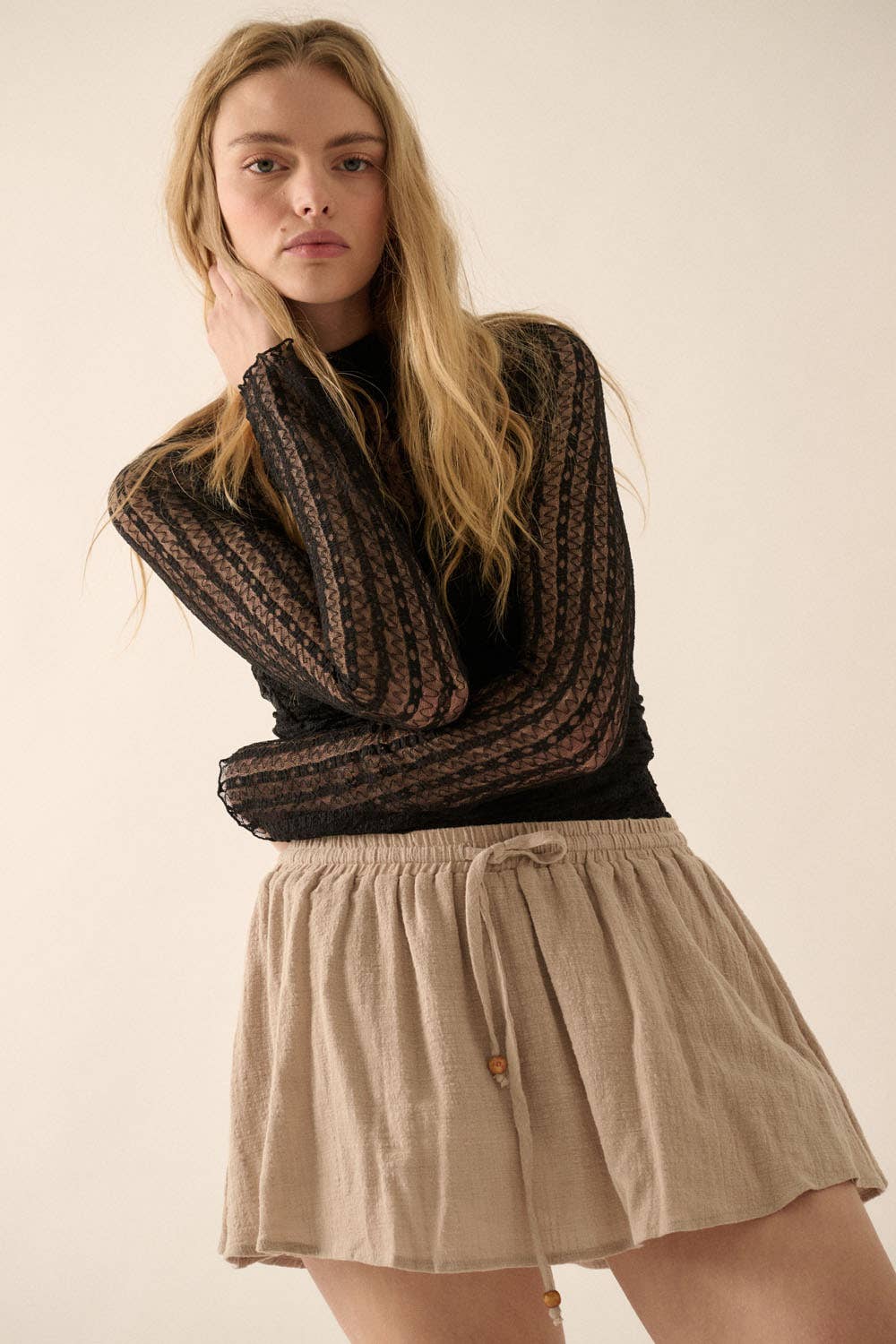 Striped Floral Lace Ruched Mock-Neck Bodysuit