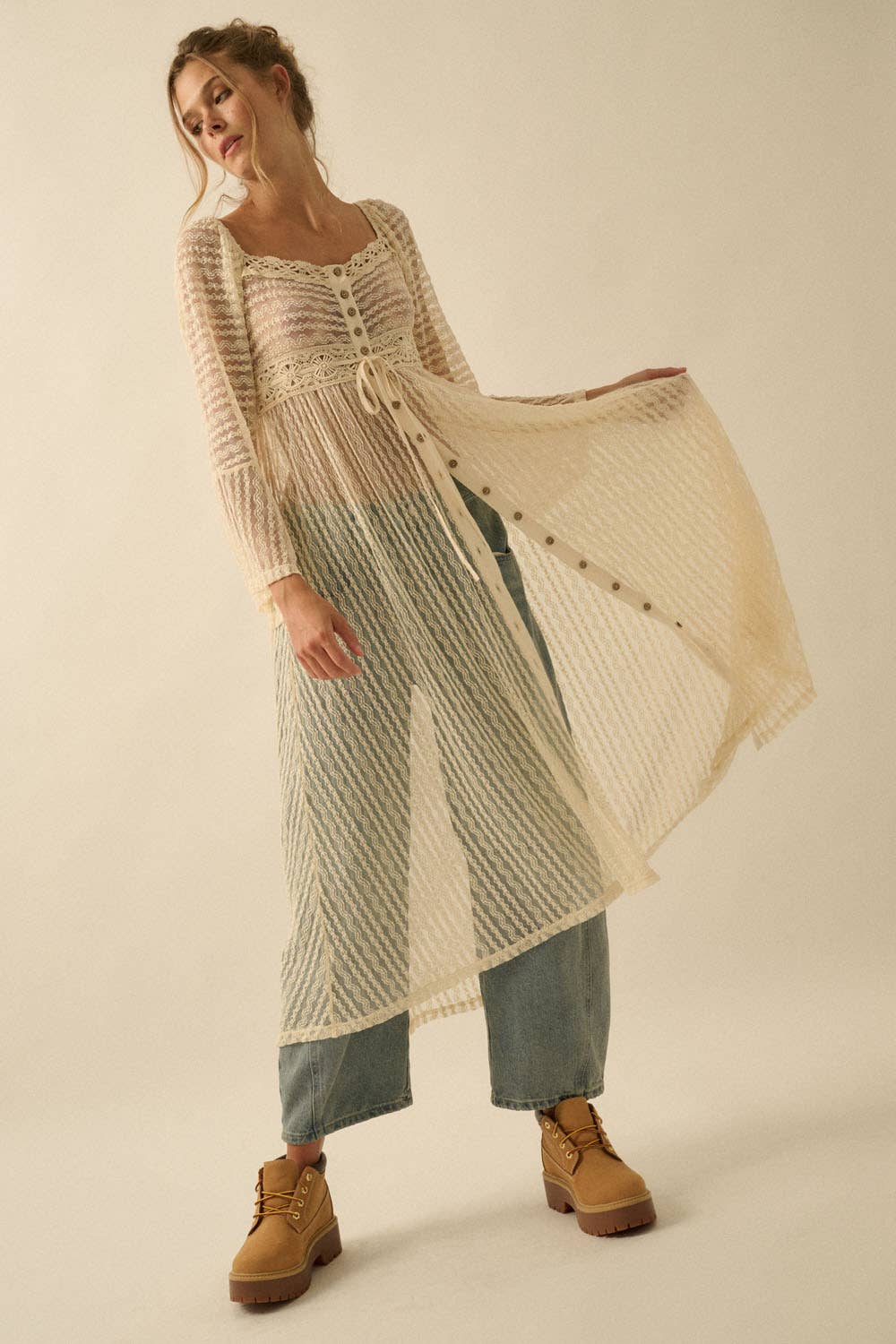 Sheer Striped Lace Button- Up Layering Midi Dress