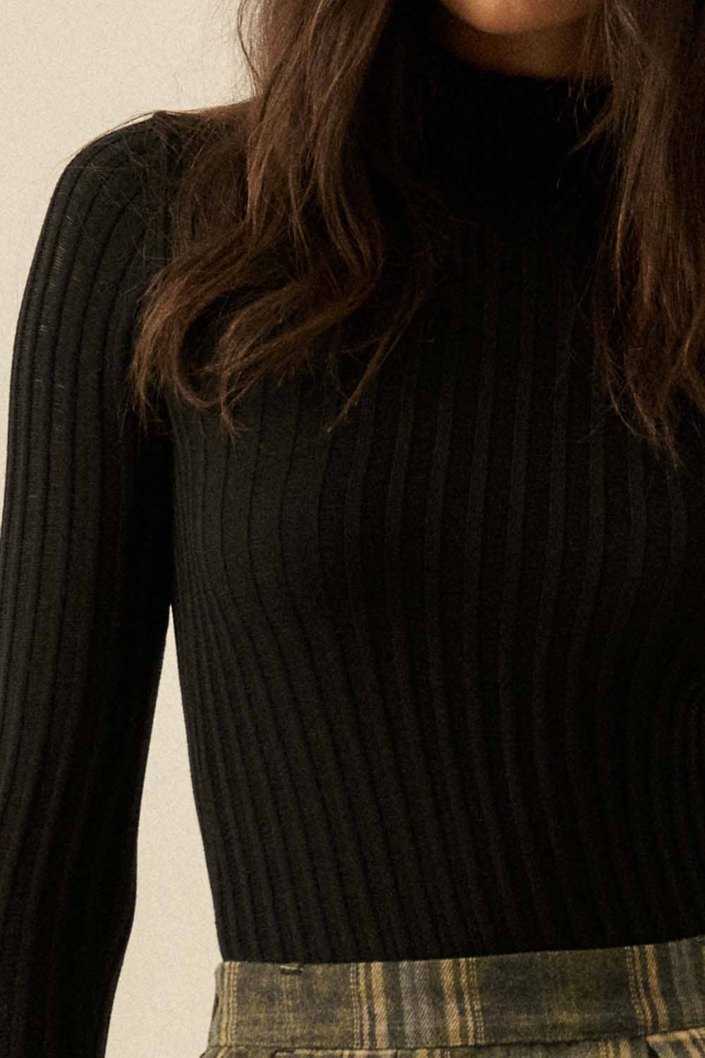 Sheer Rib-Knit Mock-Neck Top