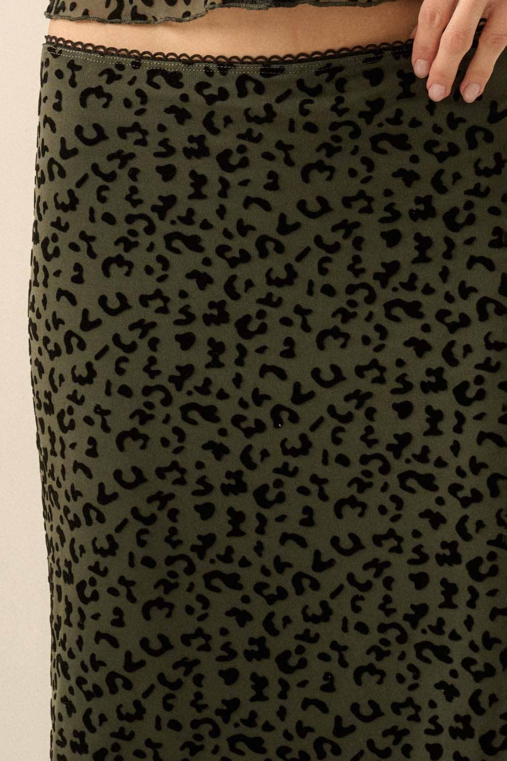 Flocked Leopard Mesh Straight Maxi Skirt