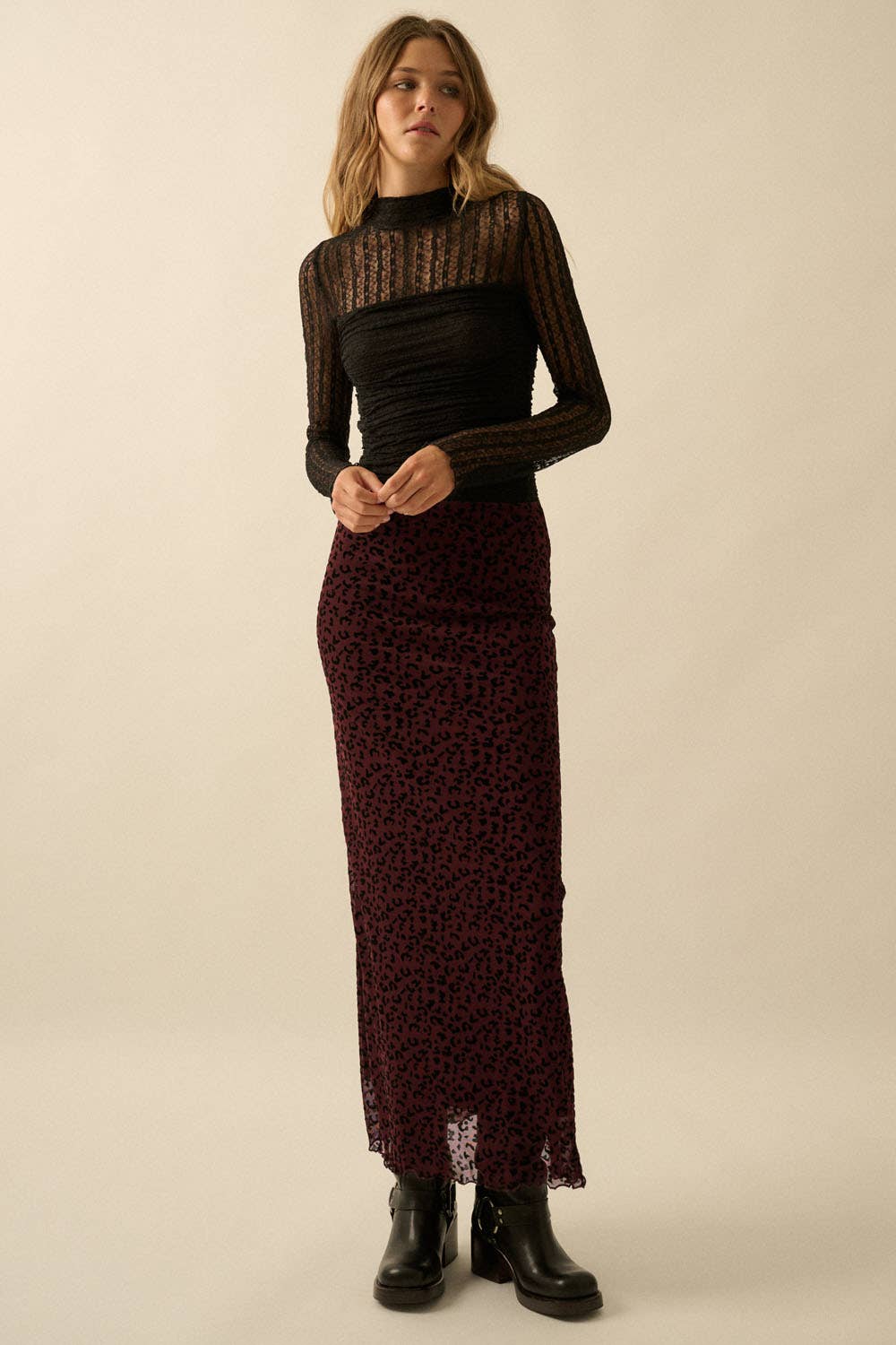 Flocked Leopard Mesh Straight Maxi Skirt