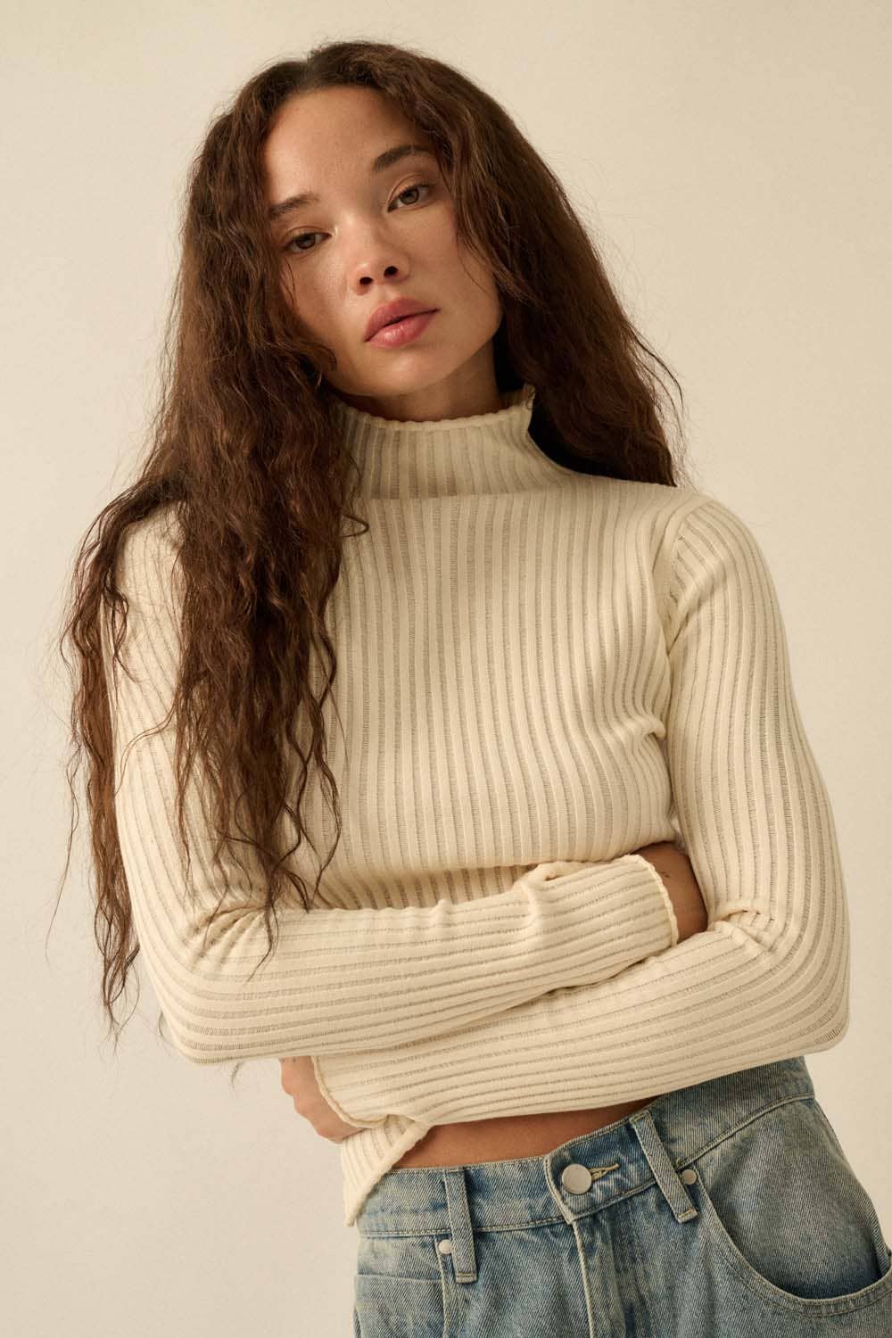 Sheer Rib-Knit Mock-Neck Top