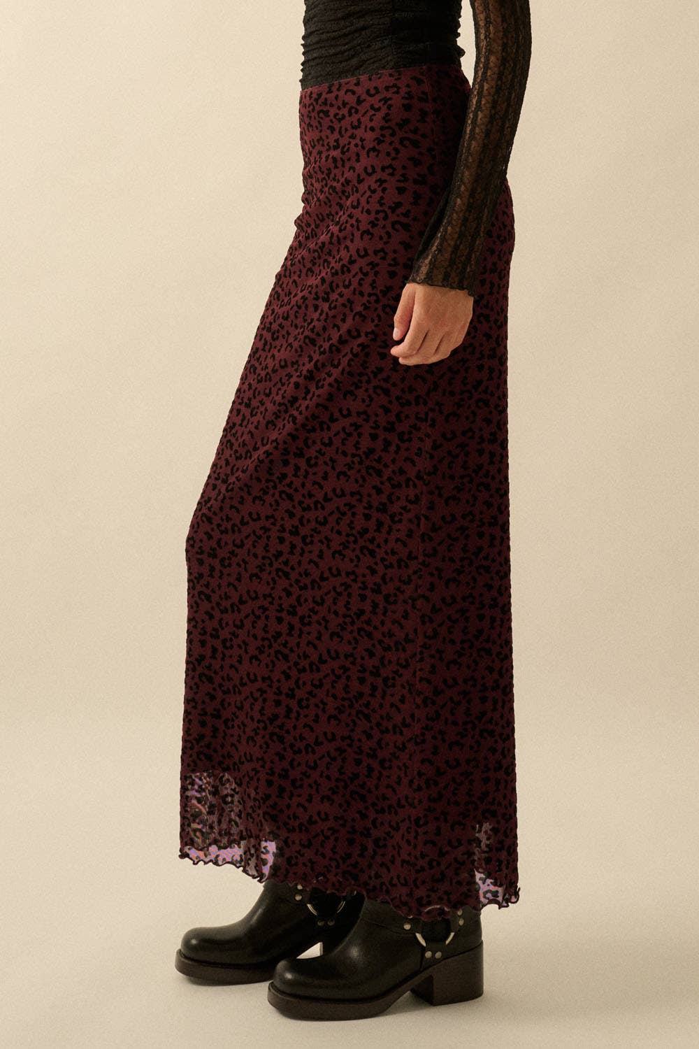 Flocked Leopard Mesh Straight Maxi Skirt