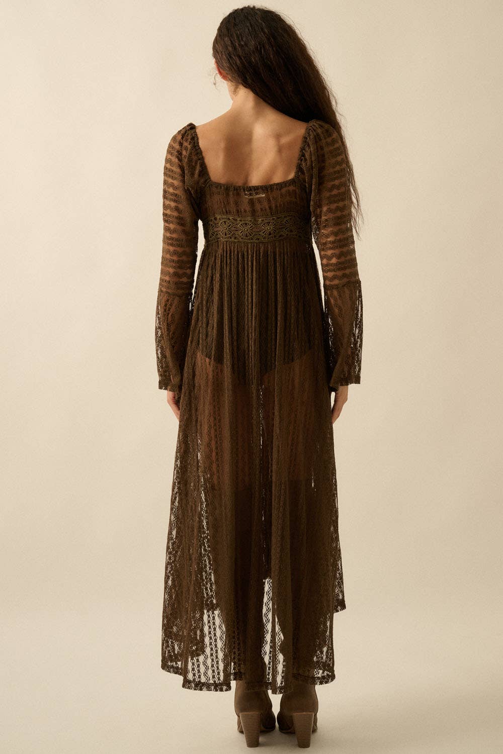 Sheer Striped Lace Button- Up Layering Midi Dress