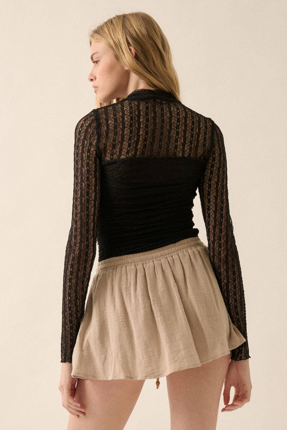 Striped Floral Lace Ruched Mock-Neck Bodysuit