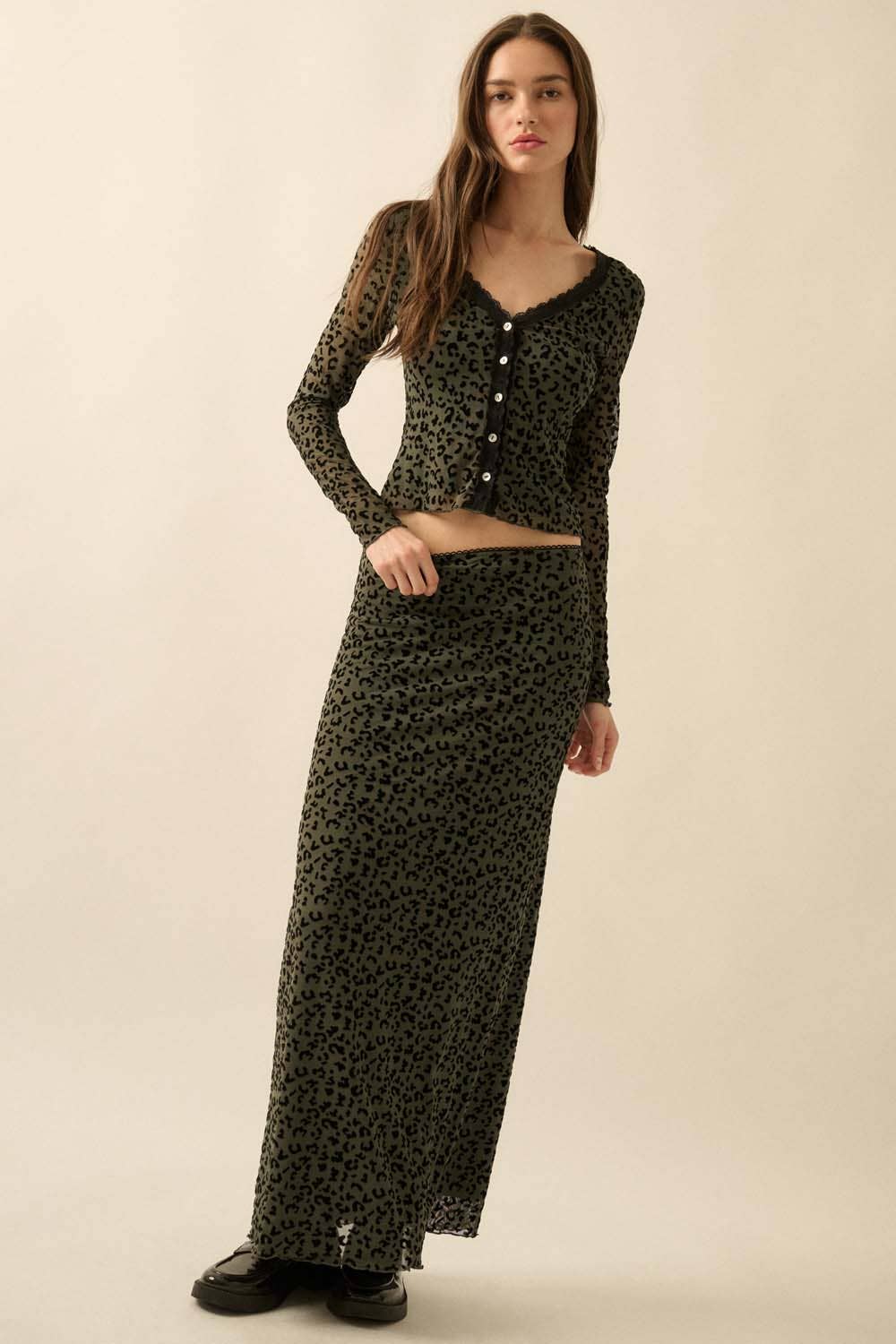 Flocked Leopard Mesh Straight Maxi Skirt