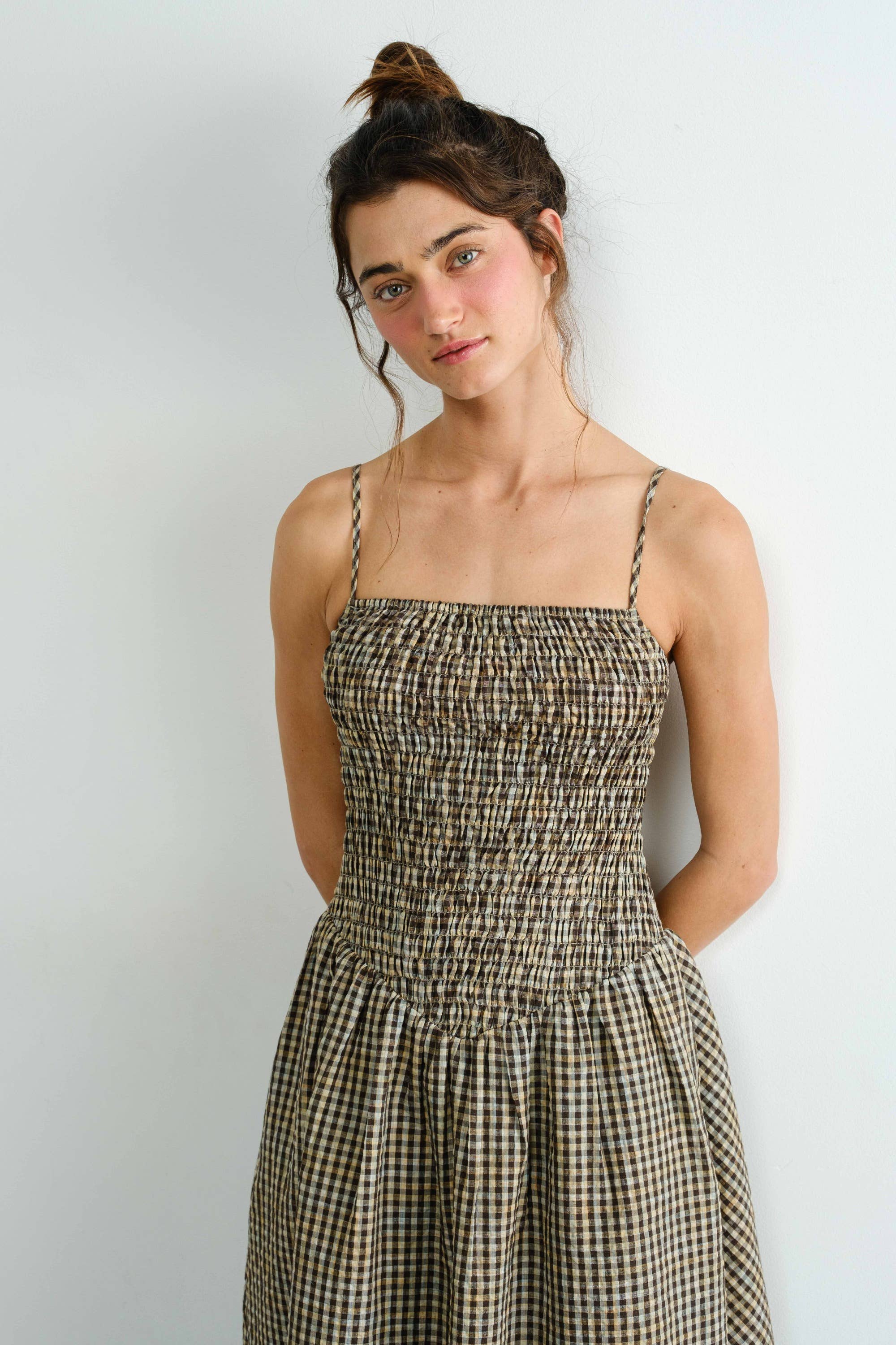 Gingham Smocked Multicolor Flare Midi Dress