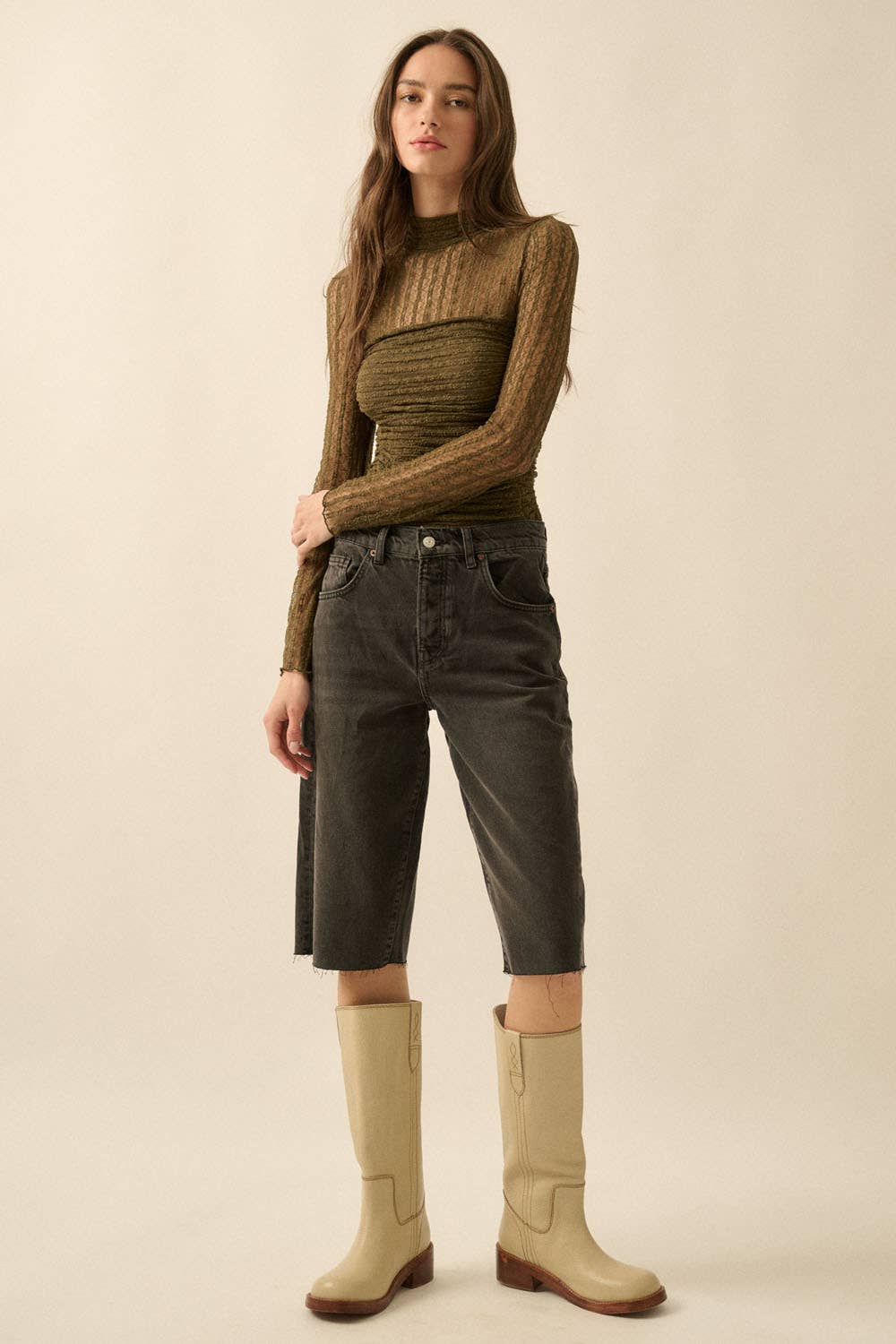 Striped Floral Lace Ruched Mock-Neck Bodysuit