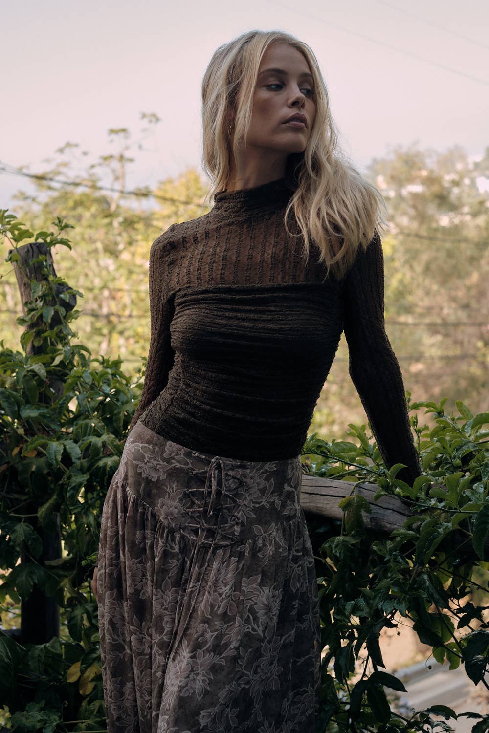 Striped Floral Lace Ruched Mock-Neck Bodysuit