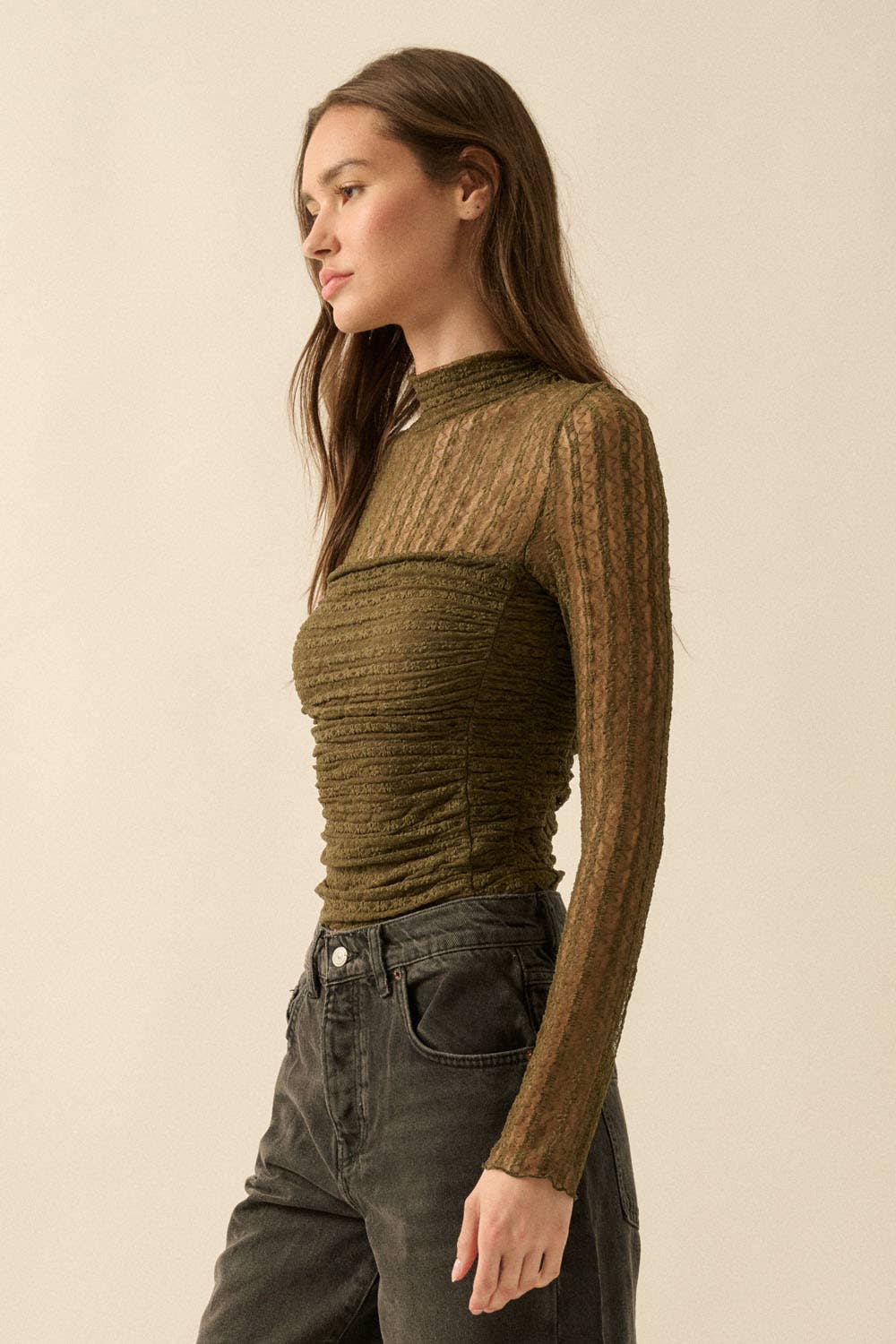 Striped Floral Lace Ruched Mock-Neck Bodysuit