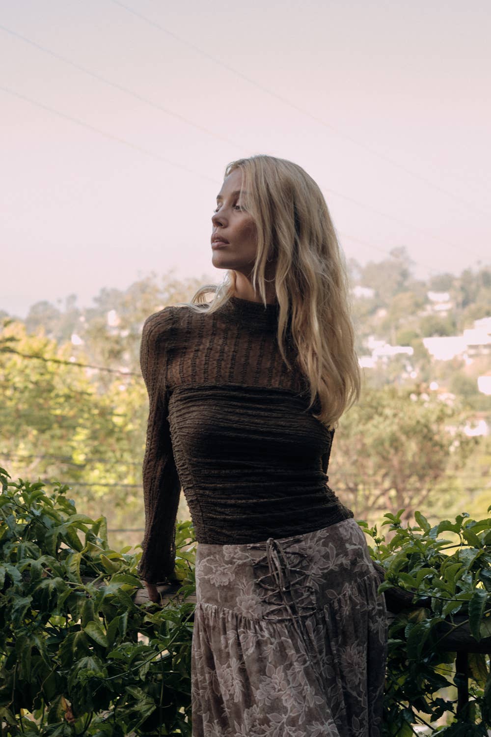 Striped Floral Lace Ruched Mock-Neck Bodysuit