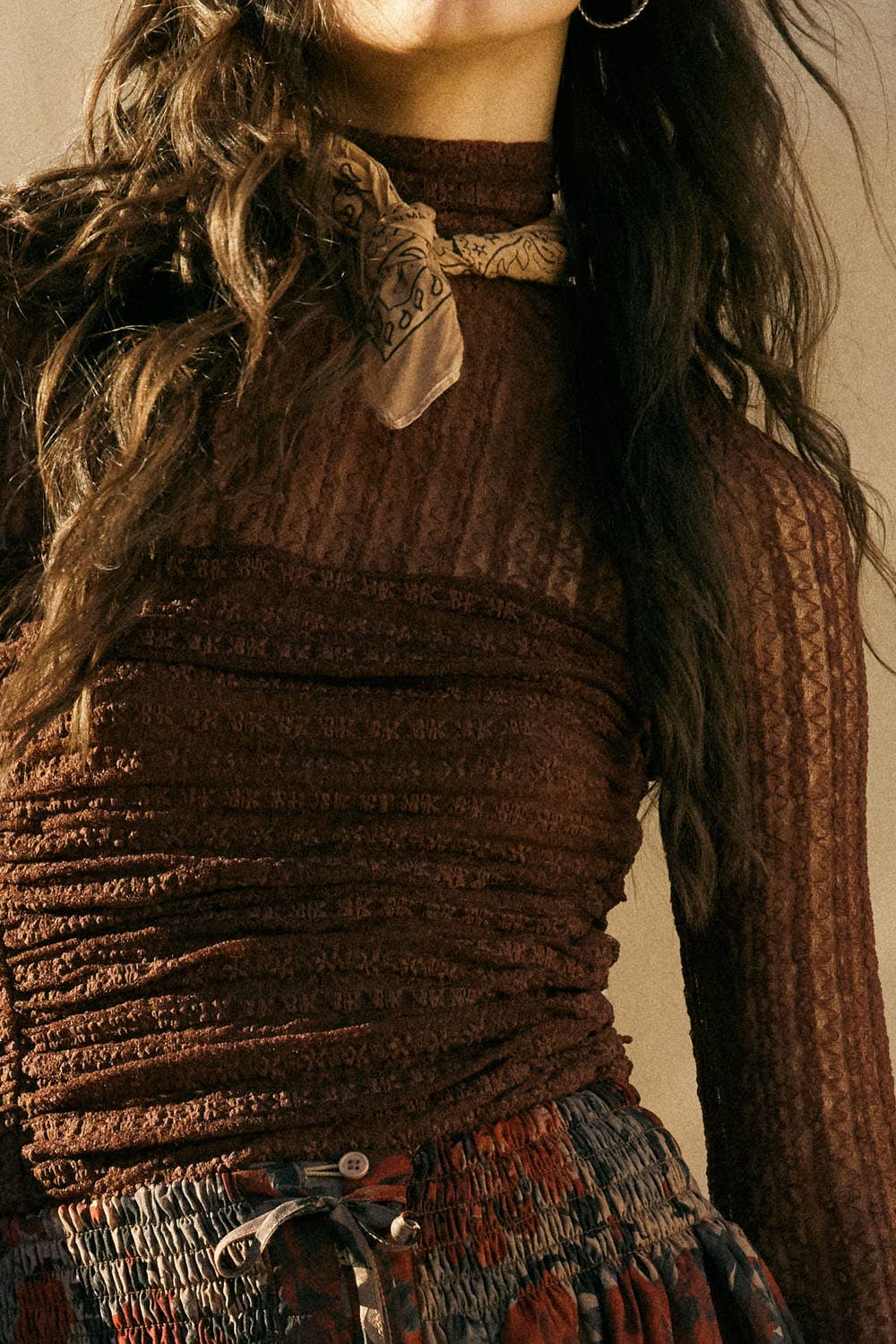 Striped Floral Lace Ruched Mock-Neck Bodysuit