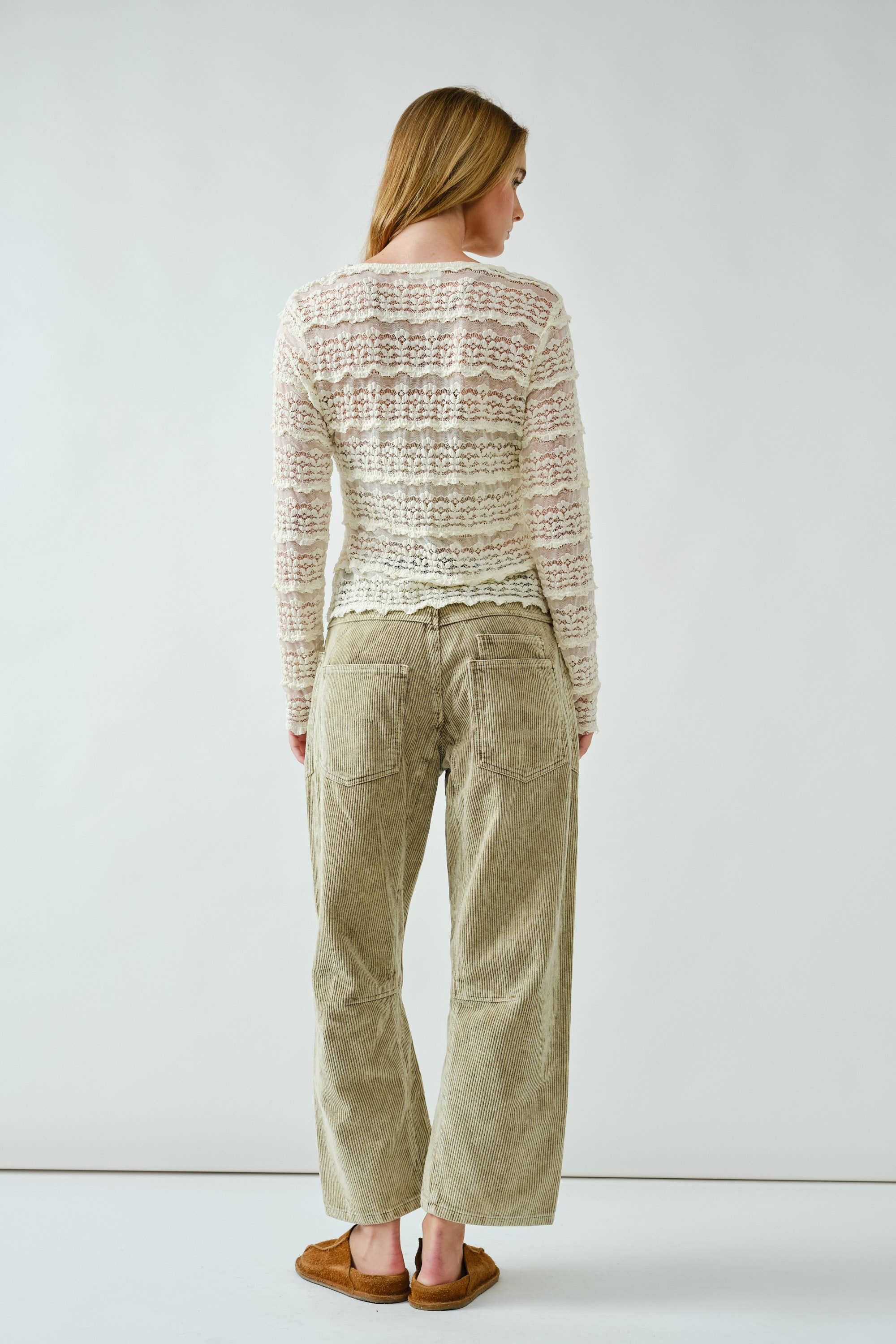 LONG SLEEVE CREW NECK STRETCH LACE TOP