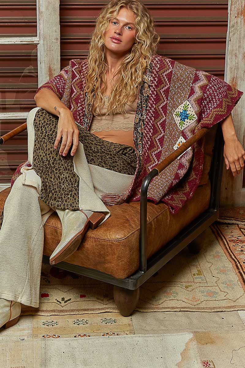 Sleeveless poncho paisley sweater Aztec hooded cardigan