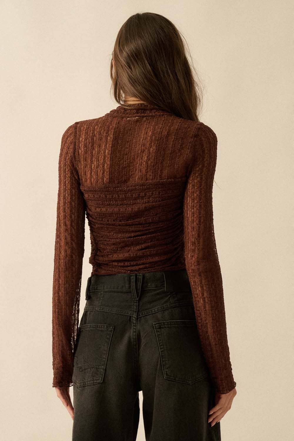 Striped Floral Lace Ruched Mock-Neck Bodysuit