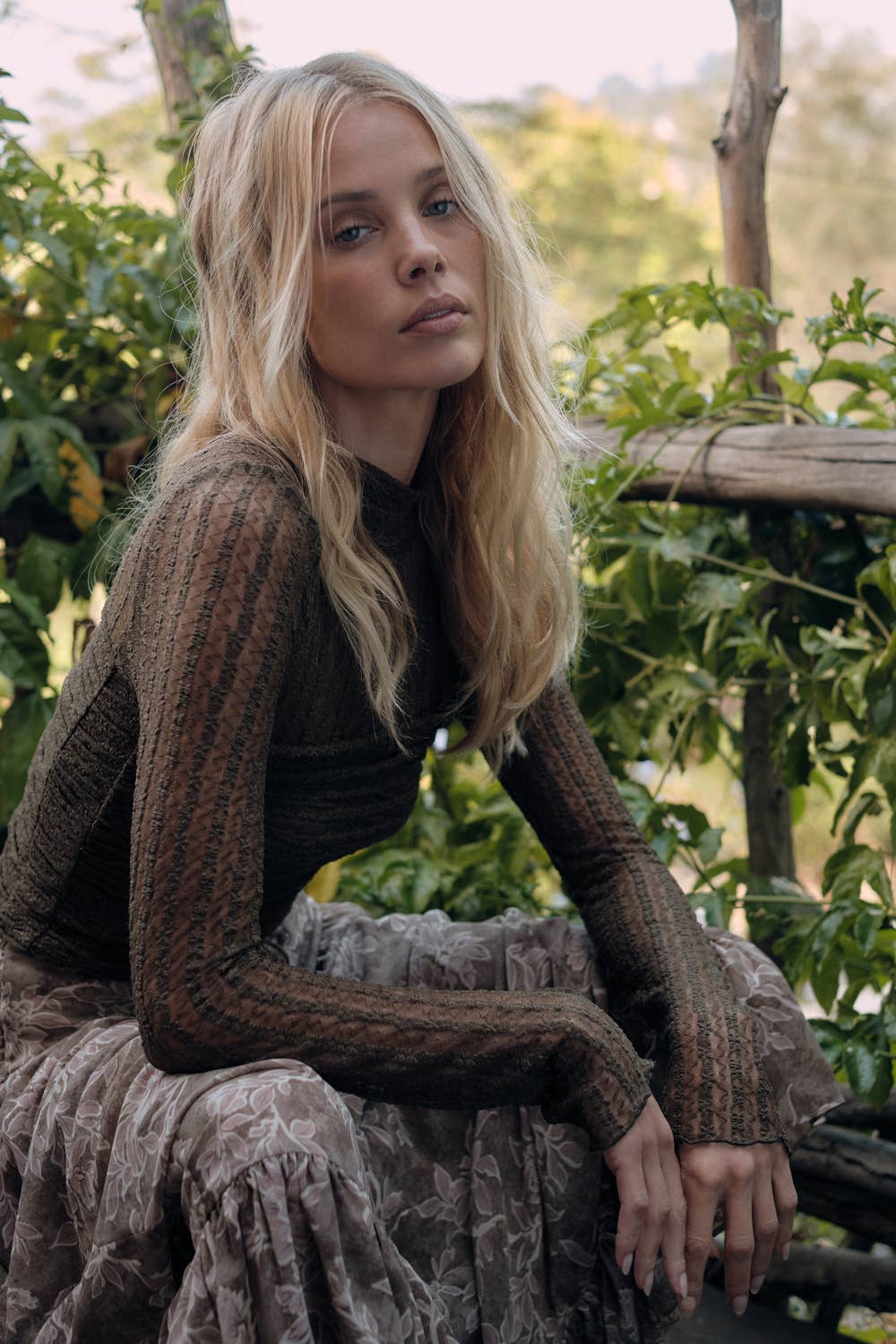 Striped Floral Lace Ruched Mock-Neck Bodysuit