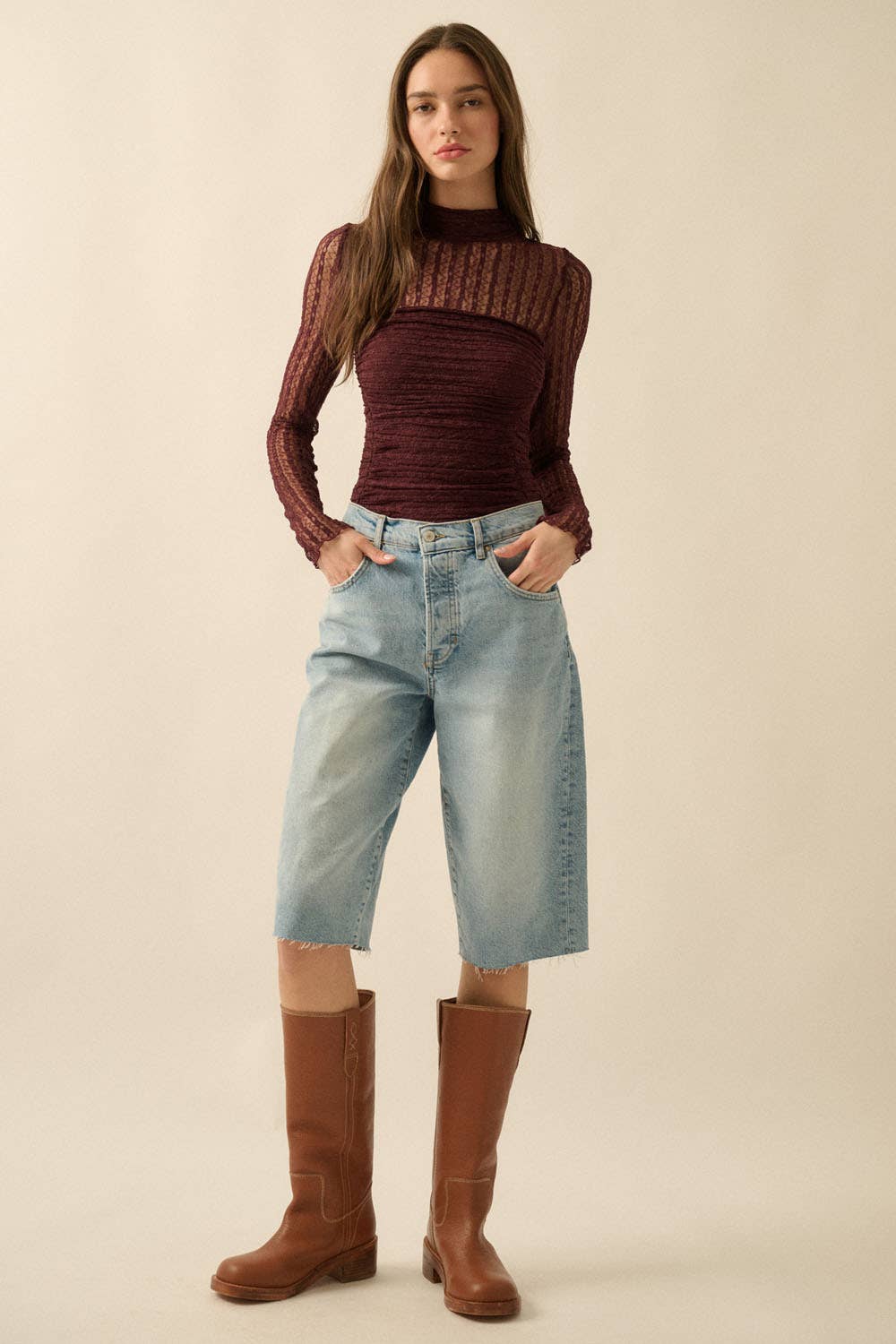 Striped Floral Lace Ruched Mock-Neck Bodysuit