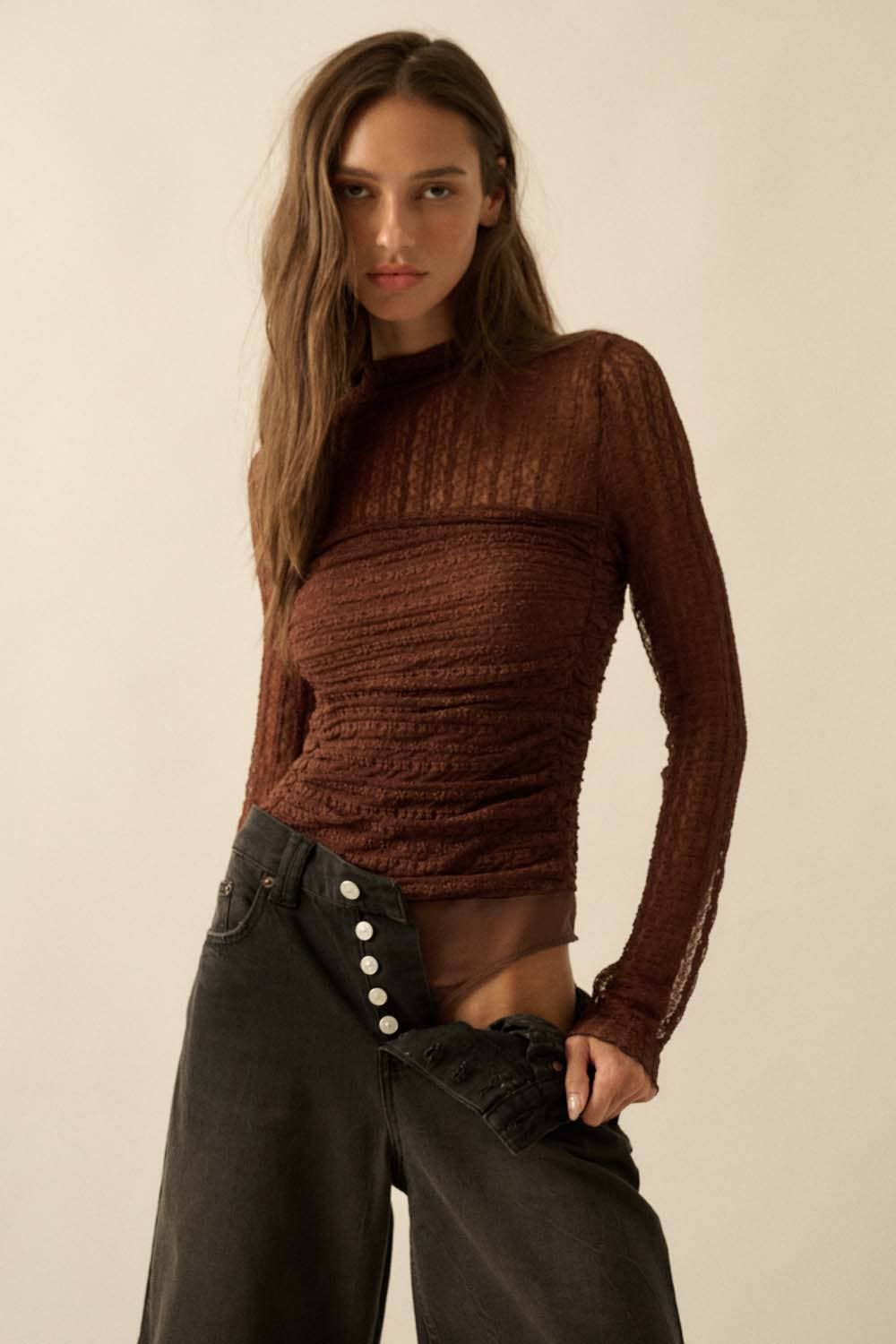 Striped Floral Lace Ruched Mock-Neck Bodysuit