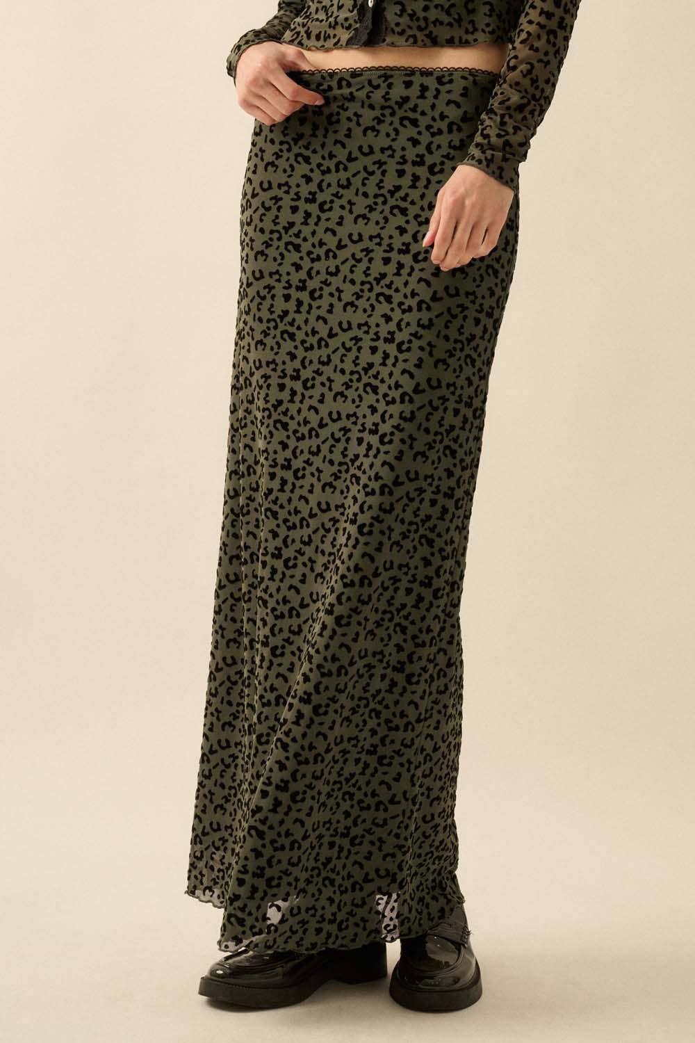 Flocked Leopard Mesh Straight Maxi Skirt