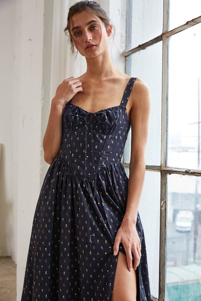 Wild Floral Poplin Wired Front Ribbon Maxi Dress